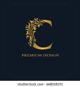 Gold Elegant letter C. Graceful style. Calligraphic beautiful logo. Vintage drawn emblem for book design, brand name, business card, Restaurant, Boutique, Hotel. Vector illustration