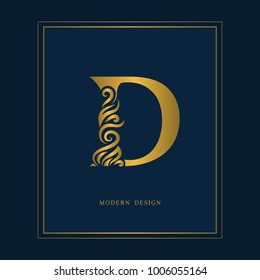 Gold Elegant letter D. Graceful royal style. Calligraphic beautiful logo. Vintage drawn emblem for book design, brand name, business card, Restaurant, Boutique, Hotel. Vector illustration