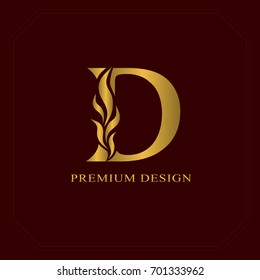 Gold Elegant letter D. Graceful style. Calligraphic beautiful logo. Vintage drawn emblem for book design, brand name, business card, Restaurant, Boutique, Hotel. Vector illustration