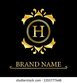 Gold Elegant letter H. Graceful style. Calligraphic beautiful logo. Vintage drawn emblem for book design, brand name, business card, Restaurant, Boutique, Hotel. Vector illustration
