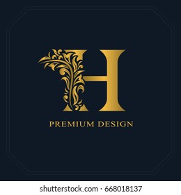 Gold Elegant letter H. Graceful style. Calligraphic beautiful logo. Vintage drawn emblem for book design, brand name, business card, Restaurant, Boutique, Hotel. Vector illustration