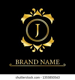 Gold Elegant letter J. Graceful style. Calligraphic beautiful logo. Vintage drawn emblem for book design, brand name, business card, Restaurant, Boutique, Hotel. Vector illustration