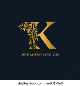 Gold Elegant letter K. Graceful style. Calligraphic beautiful logo. Vintage drawn emblem for book design, brand name, business card, Restaurant, Boutique, Hotel. Vector illustration