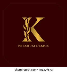 Gold Elegant letter K. Graceful style. Calligraphic beautiful logo. Vintage drawn emblem for book design, brand name, business card, Restaurant, Boutique, Hotel. Vector illustration