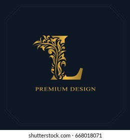 Gold Elegant Letter L. Graceful Style. Calligraphic Beautiful Logo. Vintage Drawn Emblem For Book Design, Brand Name, Business Card, Restaurant, Boutique, Hotel. Vector Illustration