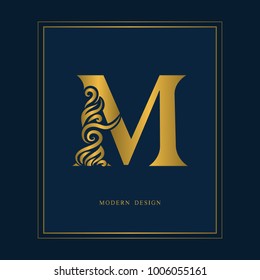 Gold Elegant letter M. Graceful royal style. Calligraphic beautiful logo. Vintage drawn emblem for book design, brand name, business card, Restaurant, Boutique, Hotel. Vector illustration