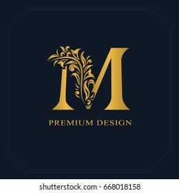 Gold Elegant letter M. Graceful style. Calligraphic beautiful logo. Vintage drawn emblem for book design, brand name, business card, Restaurant, Boutique, Hotel. Vector illustration