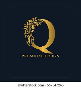 Gold Elegant letter Q. Graceful style. Calligraphic beautiful logo. Vintage drawn emblem for book design, brand name, business card, Restaurant, Boutique, Hotel. Vector illustration