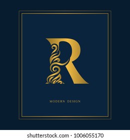 Gold Elegant Letter R. Graceful Royal Style. Calligraphic Beautiful Logo. Vintage Drawn Emblem For Book Design, Brand Name, Business Card, Restaurant, Boutique, Hotel. Vector Illustration