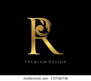 Gold Elegant letter R. Graceful Royal style. Calligraphic beautiful logo. Vintage drawn emblem for book design, wedding logo, letter stamp, Restaurant, Boutique, Hotel.  