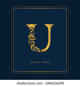 Gold Elegant letter U. Graceful royal style. Calligraphic beautiful logo. Vintage drawn emblem for book design, brand name, business card, Restaurant, Boutique, Hotel. Vector illustration