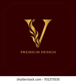 Letra Gold Elegant estilo V. Graceful. Logo hermoso caligráfico. Emblema pintado para el diseño de libros, marca, tarjeta de visita, Restaurante, Boutique, Hotel. Ilustración del vector