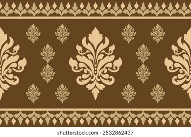 Gold Elegant Ornamental Damask Pattern with Floral Motifs on Brown Background,.Vector Illustration for Elegant Textile design for wrapping,dress, silk, scarf, background, textile, carpet.