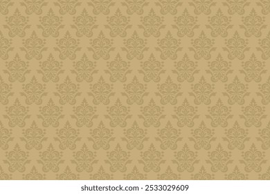 Gold Elegant Ornamental Damast Muster mit floralen Motiven auf braunem Hintergrund,.Vektorgrafik für Elegant Textile Design für Verpackung, Kleid, Seide, Schal, Hintergrund, Textil, Teppich, Tapete.