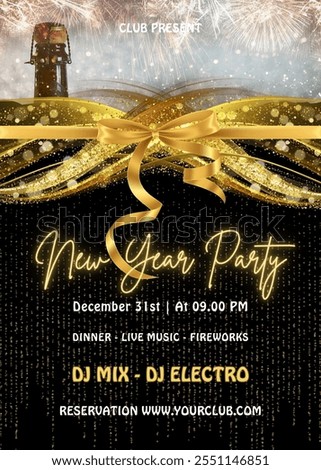 Gold elegant poster concept for new year eve invitation template with fireworks and champagne bottle. New year party invitation, banner, flyer, holidays banner. Poster design vector illustration.