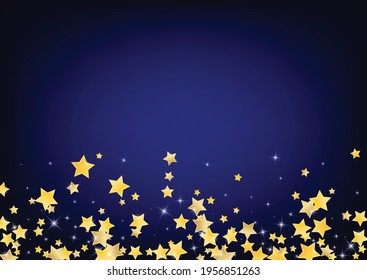 Gold Elegant Stars Vector Blue Background. Abstract Space Design. Glitter Background. Golden Effect Shine Banner.