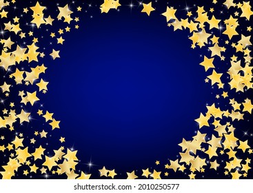 Gold Elegant Stars Vector Blue Background. Magic Sky Pattern. Space Border. Golden Shimmer Glitter Illustration.