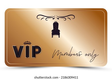 Gold elegant vip card. Modern business card for members only with 3d text, crown, silhouette of vintage throne. Luxury background. Vector illustration for loyalty, bonus card, gift certificate	
