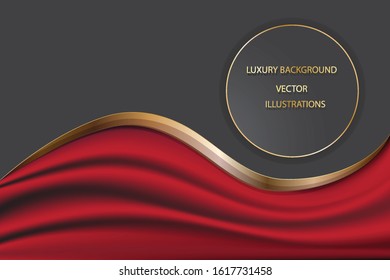 Gold element and flow of red fabric ornament black and gold luxury background.Vector illustrations.
