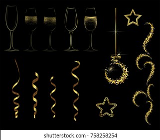 gold elements for Christmas and new year champagne serpentine star beads pattern design greetings cards banners invitations posters vector illustration