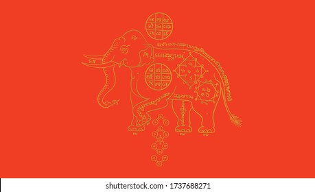 Gold elephant on red background,Thai traditional painting vector