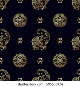 Gold elephant seamless pattern.