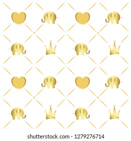 Gold elephants, crowns and hearts pattern. Valentines Day pattern, kids pattern, royal pattern.
