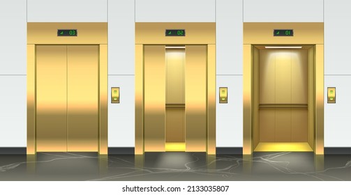 Puerta de entrada de ascensores dorados. Los realistas ascensores de los hoteles abiertos y cercanos son realistas. Suelo de mármol. El pasillo del vestíbulo de lujo. Puertas de metal. interior de pasillo 3D. Vector metálico ligeramente