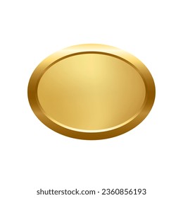 Gold ellipse button with frame vector illustration. 3d golden glossy elegant oval design for empty emblem, medal or badge, shiny and gradient light effect on plate isolated on white background.