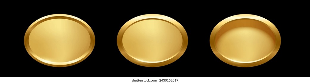 Gold ellipse button with frame vector illustration set. 3d golden glossy elegant oval design for empty emblem, medal or badge, shiny and gradient light effect on plate isolated on black background.