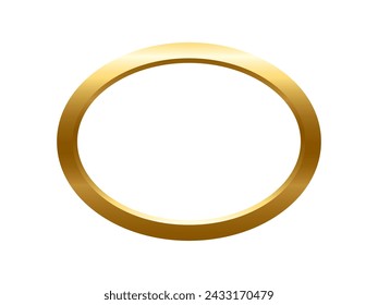 Gold ellipse frame for picture with shadow on white background. Oval blank space for picture, painting, card or photo. 3d realistic tube template vector illustration. Simple golden object mockup.