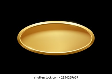 Gold ellipse shape button with frame vector illustration. 3d golden glossy elegant design for empty oval emblem, medal or badge, shiny and gradient light effect on plate isolated on black background