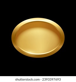 Gold ellipse shape button with frame vector illustration. 3d golden glossy elegant design for empty oval emblem, medal or badge, shiny and gradient light effect on plate isolated on black background.