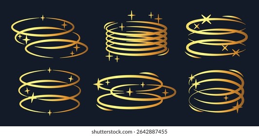 Formas de elipse douradas. Quadros ovais dourados brutalistas y2k com estrelas e brilhos, preciosos quadros ovais conjunto de ilustração vetor plano. Símbolos de anéis abstratos