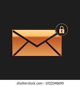 Gold Email message lock password icon isolated on black background. Envelope with padlock. Private mail and security, secure, protection, privacy. Long shadow style. Vector.