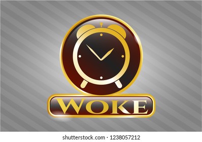 Gold emblem with alarm clock icon and Woke text inside