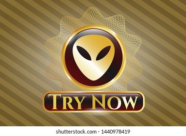  Gold emblem with alien icon and Try Now text inside