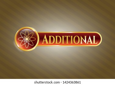  Gold emblem with atom icon and Additional text inside