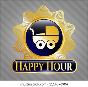  Gold emblem with baby cart icon and Happy Hour text inside