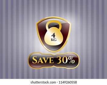  Gold emblem or badge with 4kg kettlebell icon and Save 30% text inside