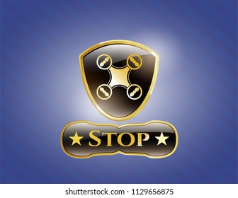  Gold emblem or badge with air drone icon and Stop text inside