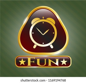  Gold emblem or badge with alarm clock icon and Fun text inside
