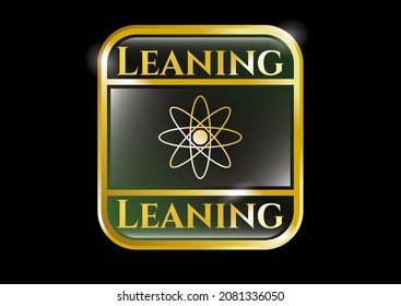 Gold emblem or badge with atom icon and Leaning text inside