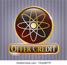  Gold emblem or badge with atom icon and Offer Credit text inside