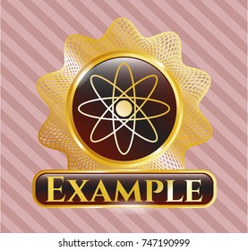 Gold emblem or badge with atom icon and Example text inside