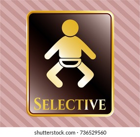  Gold emblem or badge with baby icon and Selective text inside