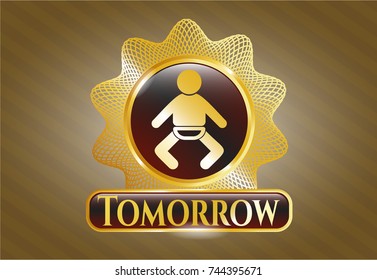  Gold emblem or badge with baby icon and Tomorrow text inside