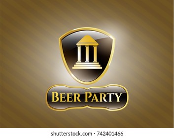  Gold emblem or badge with bank icon and Beer Party text inside