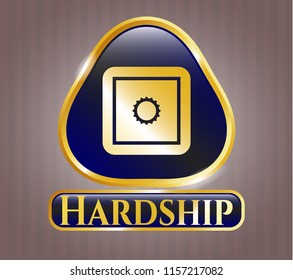  Gold emblem or badge with bank safe icon and Hardship text inside