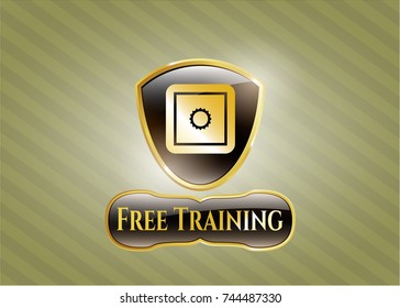 Gold emblem or badge with bank safe icon and Free Training text inside